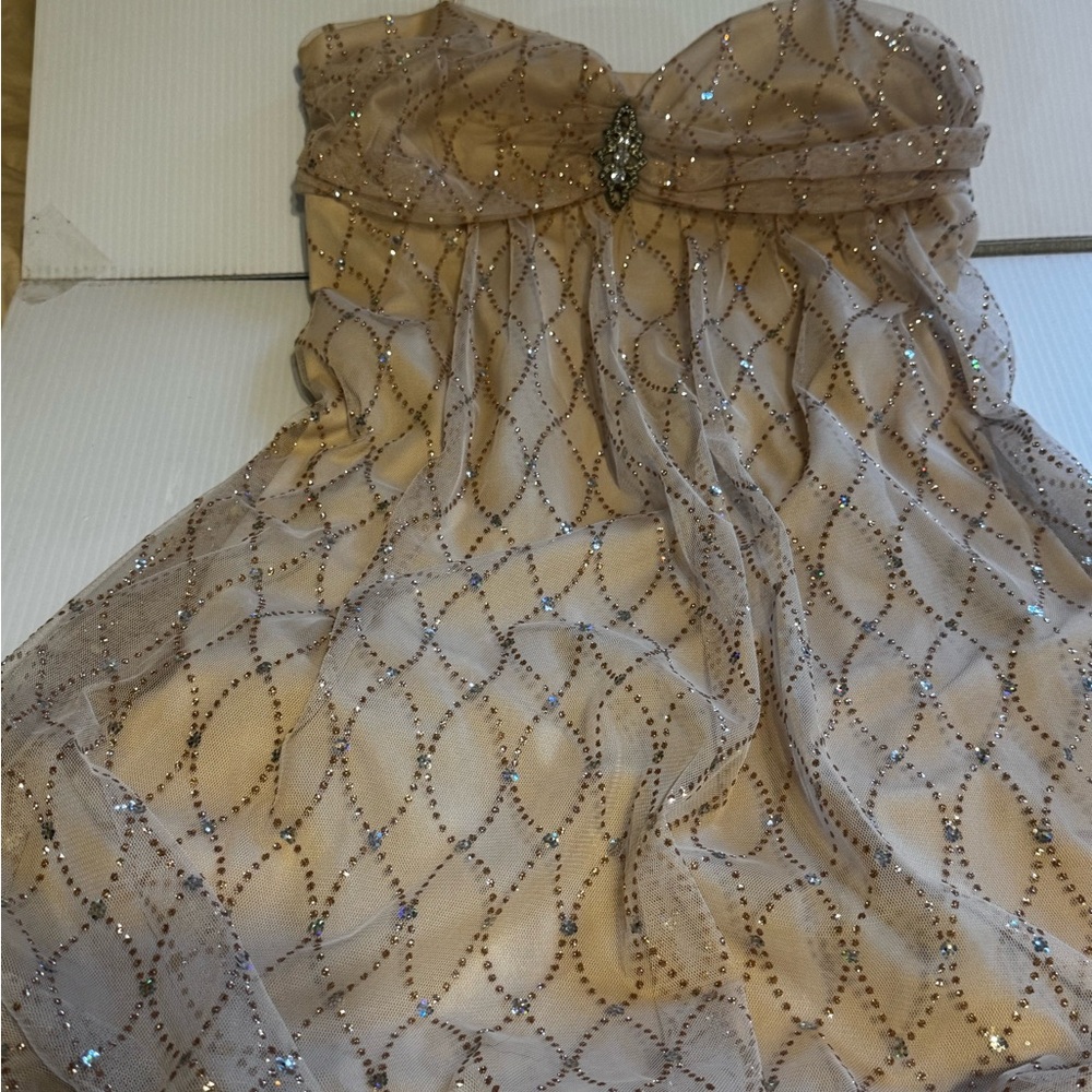 B Darlin Beige and Silver Sequin Dress